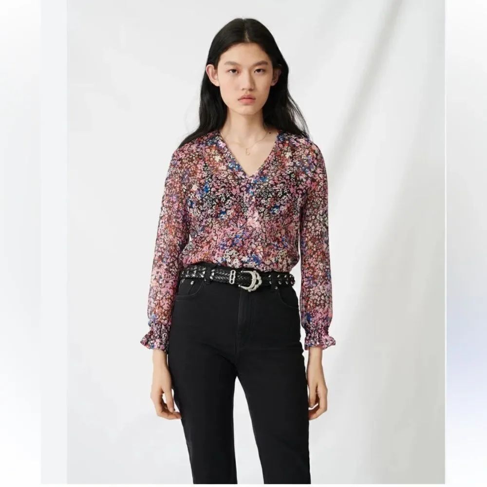 MAJE 100% Silk Lehane Pink Floral Sheer Long Sleeve Blouse Top Size S (1) NWT